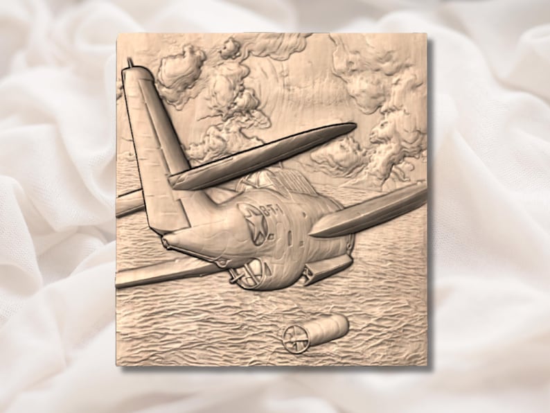 May include: A detailed wooden carving of an aeroplane in flight, with wings and tail visible. The artwork depicts the plane above water, with clouds in the background. The carving is in a natural wood tone, showcasing the texture and detail of the aircraft.