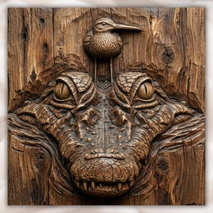 Pode incluir: Uma escultura em madeira detalhada retrata um jacaré com um pássaro empoleirado em sua cabeça. Os olhos do jacaré são detalhados e o pássaro tem um bico longo. A escultura é feita de madeira marrom e tem uma aparência rústica. A obra de arte é quadrada.