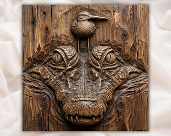 Alligator 3D Relief STL File | Crocodile Wood Grain CNC Carving Design | Wildlife Wall Art Panel | 3D Print and Laser Engraving STL