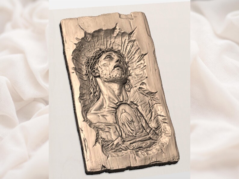 May include: A rectangular, wooden relief sculpture depicting a man with a crown of thorns, looking upwards. The sculpture is in shades of brown and beige, with detailed carving of the face, hair, and clothing. The background has a sunburst design.
