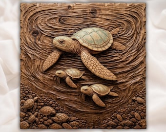 Turtle Family STL| Underwater Carving Relief | Beach House Wall Art Decor | Engraved Wood Look | Marine Life Panel