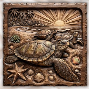 Sea Turtle Beach Scene 3D Relief STL for CNC Router view 1