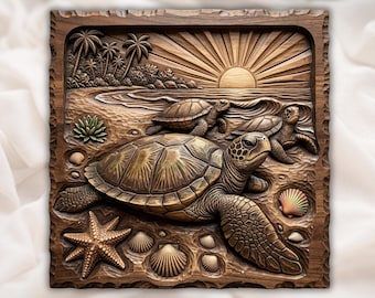 Scena z żółwiem morskim na plaży, 3D, relief STL do frezarki CNC | Panel z rzeźbą w drewnie z zachodem słońca na oceanie | Sztuka ścienna z motywem nadmorskim | Żółw z zachodem słońca na oceanie, STL