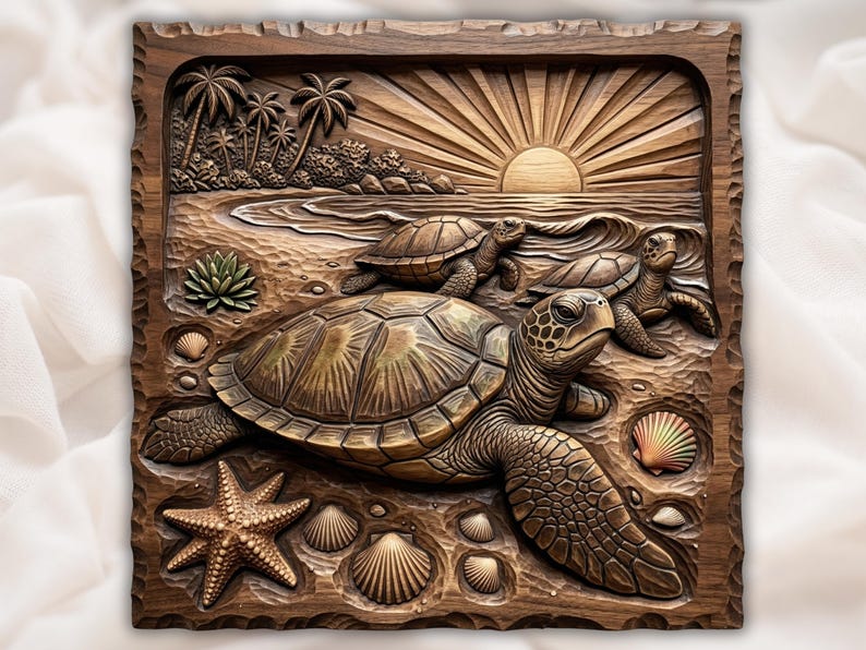 Sea Turtle Beach Scene 3D Relief STL for CNC Router