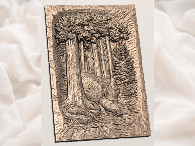 May include: A rectangular, bronze-colored relief carving depicting a forest scene with a wild boar. The artwork features detailed trees, foliage, and the boar in a naturalistic style, creating a three-dimensional effect.