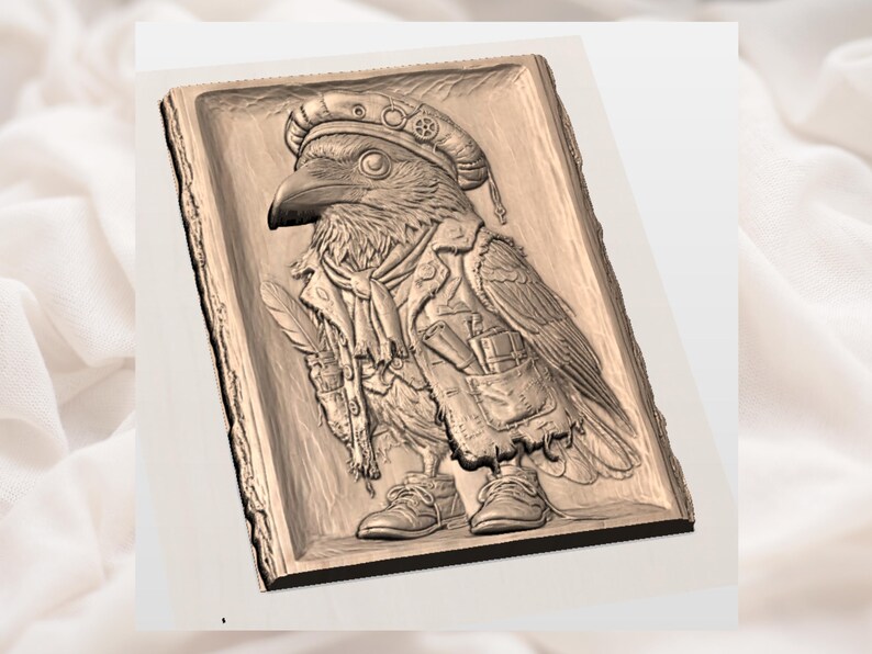 May include: A detailed relief carving of a raven in a steampunk style, wearing a hat, jacket, and boots. The raven is holding a quill and has a pocket watch on its hat. The carving is set within a rectangular frame with a wood-like texture.