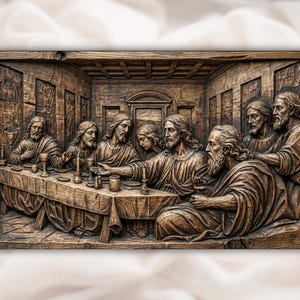 May include: A detailed, brown wooden relief carving depicting the Last Supper. The artwork shows Jesus and his disciples seated around a table, with intricate details in their robes and expressions. The scene is set in a room with architectural elements.