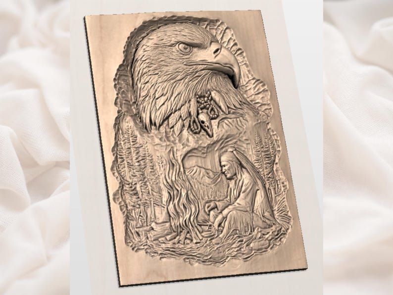 May include: A detailed wooden carving depicting an eagle's head, a Native American figure, and a forest scene. The eagle is at the top, with the Native American figure seated below. The carving is in shades of brown.