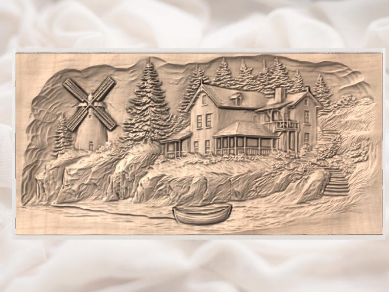 K&ouml;nnte beinhalten: Holzreliefschnitzerei, die eine K&uuml;stenlandschaft darstellt. Das Kunstwerk zeigt ein Haus, eine Windm&uuml;hle, B&auml;ume und ein kleines Boot. Die Schnitzerei ist in Braun- und Beiget&ouml;nen gehalten, mit detaillierten Texturen und Schatten.