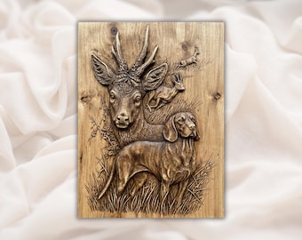 Jakthund och hjort 3D-relief STL | Fågelhund med bockviltscenpanel | CNC-rutterfil, 3D-utskrift, lasergravyr | Heminredning