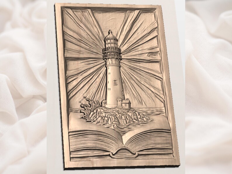 Libro Faro STL / Archivo para fresadora CNC de relieve de fantasía costera / Tallado de madera náutico oceánico / Placa de pared de cuento de hadas / Placa con escena oceánica imagen 2