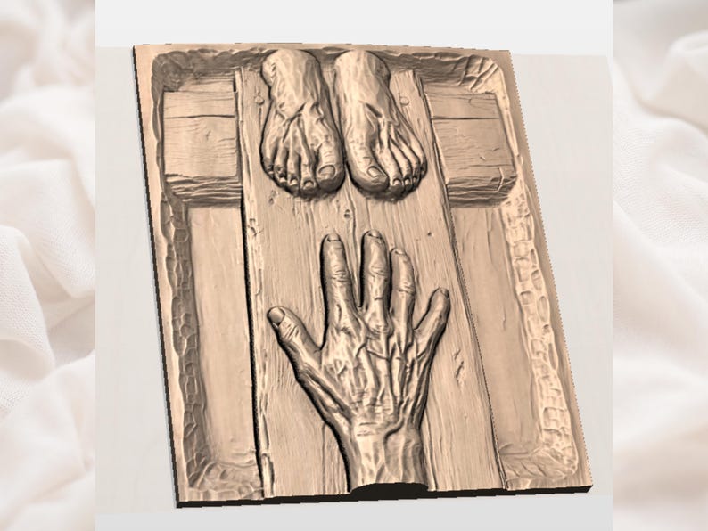 May include: A wooden relief carving featuring detailed impressions of a hand and two feet. The hand is positioned below the feet, all within a rectangular frame. The carving is in a natural wood tone.