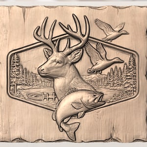 Deer Duck Trout Hunting Fishing 3D Relief STL view 2