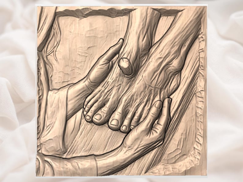 May include: A detailed wood carving depicts hands cradling a foot. The artwork is rendered in shades of brown, showcasing intricate details of skin texture and the lines of the hands and foot. The overall theme suggests a scene of care or support.