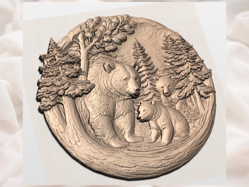 May include: A detailed relief carving of a bear family in a forest setting. The artwork features a large bear with two cubs, surrounded by trees and foliage. The circular design is rendered in a light brown color, showcasing the textures of the bears' fur and the forest.