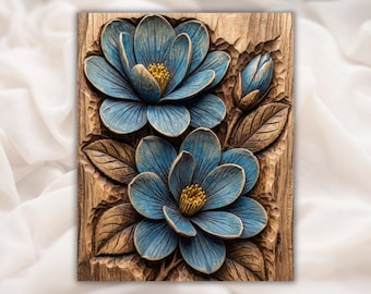 Blaue Magnolienblume 3D Relief STL für CNC-Fräser | Blumen Holzschnitzerei | Botanische Wandkunst | 3D Druck