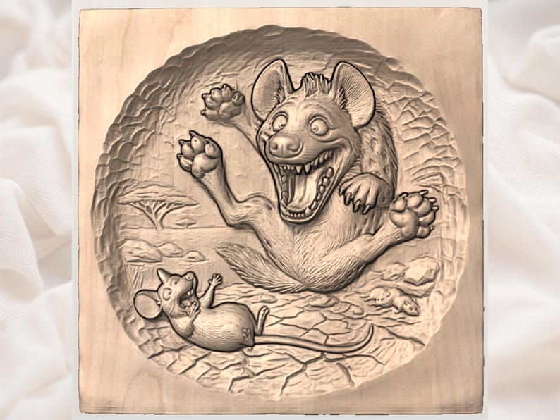 Lustige 3D Hyäne & Maus Relief STL für CNC-Fräser | Cartoon Wildlife Holzschnitzerei | Kinderzimmer Wand Kunst | Lachende Hyäne STL Bild 2