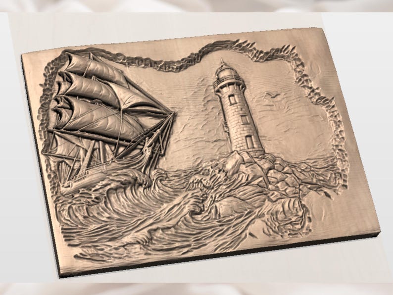 May include: A wooden relief carving showing a sailing ship battling stormy waves and a lighthouse on a rocky coast. The rectangular artwork features detailed textures and shadows, giving a three-dimensional appearance. The color is a warm, natural wood tone, typical of the material.