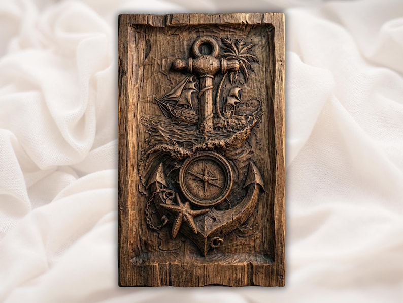 Nautical Anchor Compass 3D Relief STL File