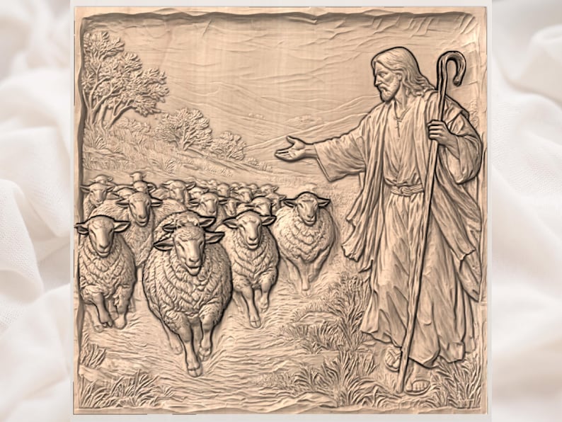 Good Shepherd Jesus 3D Relief STL | Shepherd With Sheep Christian CNC Router Wood Carving Panel | Bible Scene Bas-Relief | 3D Print STL File image 3