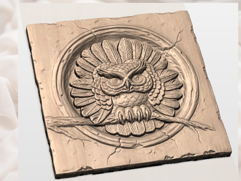 May include: A detailed relief carving of an owl perched on a branch, set within a circular frame. The artwork is on a square, textured, light brown surface with visible cracks, giving it an aged appearance. The owl's feathers and features are intricately carved.