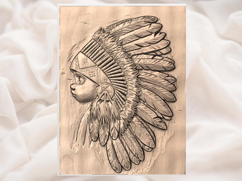 May include: A detailed wood carving of a child in profile wearing a Native American headdress. The headdress features multiple feathers and intricate details. The carving is set against a light-coloured background.
