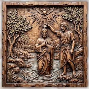 Puede incluir: Un detallado relieve de madera que representa una escena religiosa. La obra de arte presenta dos figuras con túnicas, una bautizando a la otra en un río. Una paloma y rayos de luz están tallados arriba. La talla está enmarcada.