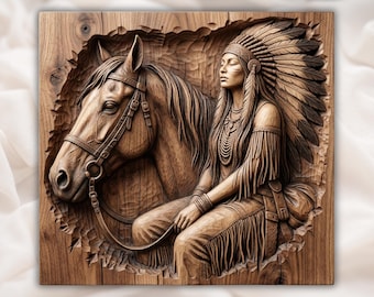 Native Woman File | Horse Portrait Carving | Western Rustic Decor | Fringe Detail Artwork | Engraved Wood Look | Ranch Wall Plaque