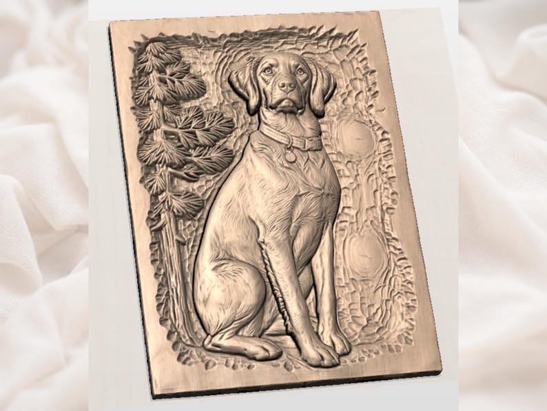 Brittany Spaniel Dog File | Sitting Puppy Carving | Cabin Pet Wall Art | Forest Tree Background | Engraved Wood Look | Gift For Dog Lovers image 2