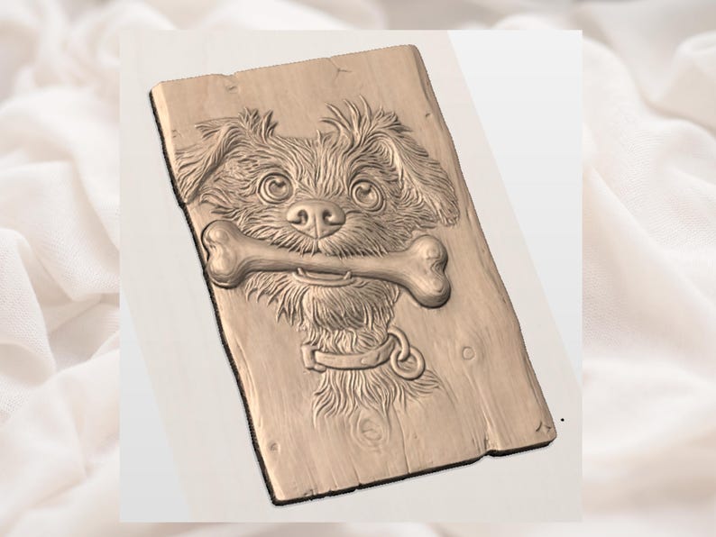 May include: A wooden plaque featuring a carved image of a dog holding a bone in its mouth. The dog has fluffy fur and a collar. The plaque has a rustic, natural wood grain appearance.