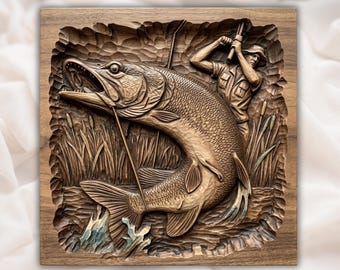 Rzeźba 3D z połowem szczupaka północnego (STL) | Panel z rzeźbieniem w drewnie z wędkarzem | Duży szczupak (STL) | Tabliczka ścienna z rybakiem | Model domku nad jeziorem do druku 3D