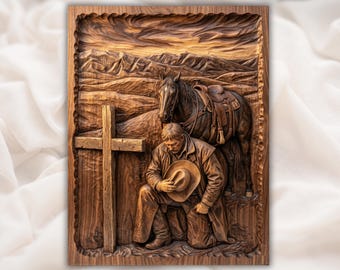 Cowboy Prayer Relief | Western Wall Art | Horse Cross Carving | CNC Router STL| Rustic Ranch Decor |3D Relief Model| Western Cowboy Memorial
