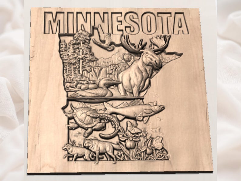May include: A wooden carving of the state of Minnesota, featuring the state name at the top. The carving includes detailed depictions of a moose, fish, duck, turtle, wolves, and other natural elements, all within the state's outline.