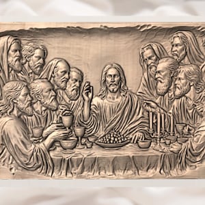 May include: A detailed, carved wooden relief depicting the Last Supper. The artwork features Jesus and his disciples seated around a table, with goblets, food, and candles. The relief is in shades of brown and tan.