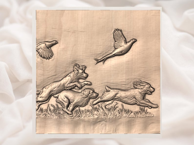 May include: Wooden relief carving showing a hunting scene. The artwork features three dogs chasing two birds and a rabbit. The birds are in flight, and the dogs and rabbit are running through grass. The carving is in shades of brown.