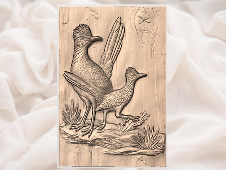 May include: A detailed wood carving of two roadrunner birds. The larger bird stands tall with its wings partially spread, while the smaller bird is depicted in motion. The background is a textured wooden panel with carved details of plants.