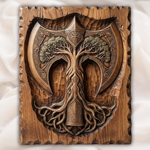 Viking Tree of Life Axe Relief STL view 1