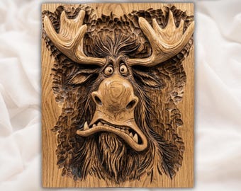 Funny Moose 3D Bas Relief STL | CNC Router Carving Panel | Trophy Room Plaque | Hunter Dad Gift