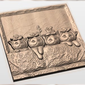 Funny Kittens in Flower Hats 3D Relief STL view 3