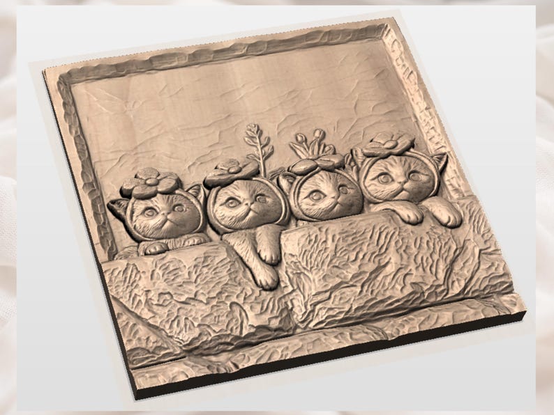 Grappige kittens met bloemenhoedjes 3D-reliëf STL | Cute Cat CNC-router houtsnijwerkpaneel | Grillige kinderkamerkunst aan de muur | Kinderkamerdecoratie afbeelding 3