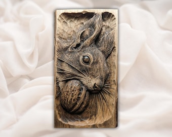 Squirrel STL 3D Relief | Chipmunk/Squirrel Holding Nut Wood Carving CNC File | Woodland Animal Wall Art Panel | Rustic Cabin Decor