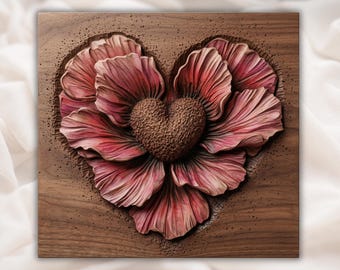 Relieve 3D de Corazón y Flor STL para fresadora CNC / Panel de madera tallado con forma de corazón floral de San Valentín / Arte mural romántico / Placa mural de flores de amor