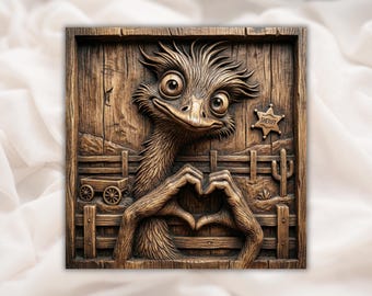 Funny Ostrich STL File | Cartoon Bird 3D Relief for CNC Router | Hand Carved Wood Look | Western Rustic Wall Art | 3D Print & Laser Engrave