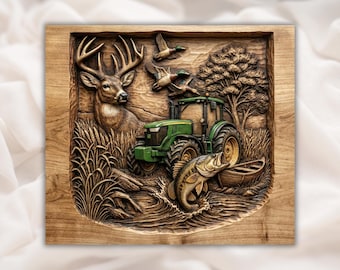 Farm Hunting Fishing 3D Relief STL |  Tractor Deer Ducks Bass River Scene Wall Art Panel