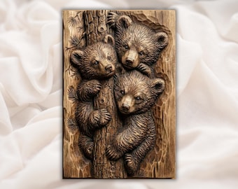 Woodland Bear Cubs 3D STL File | CNC Router Relief Wood Carving Style | Cute Bears Nursery Wall Art | Rustic Lodge Cabin Decor