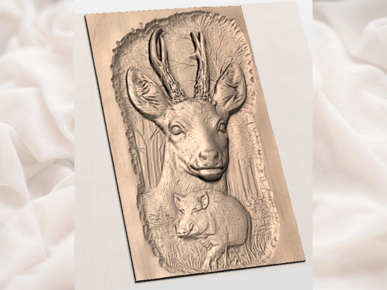 May include: A detailed wooden relief carving featuring a deer with antlers and a wild boar. The artwork is in a rectangular shape with a natural wood tone, showcasing the animals in a forest setting.