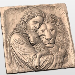 Jesus with Lamb & Lion 3D STL Relief view 3