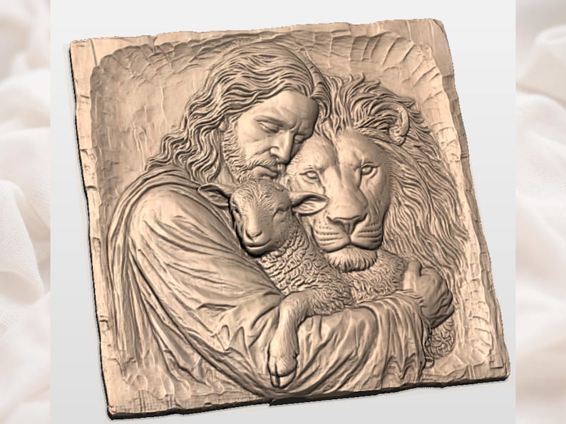 May include: A detailed relief carving in a warm, neutral tone. It shows a figure with long hair embracing a lamb and a lion. The artwork has intricate textures and shading, with the figures closely intertwined, suggesting a theme of peace and protection.