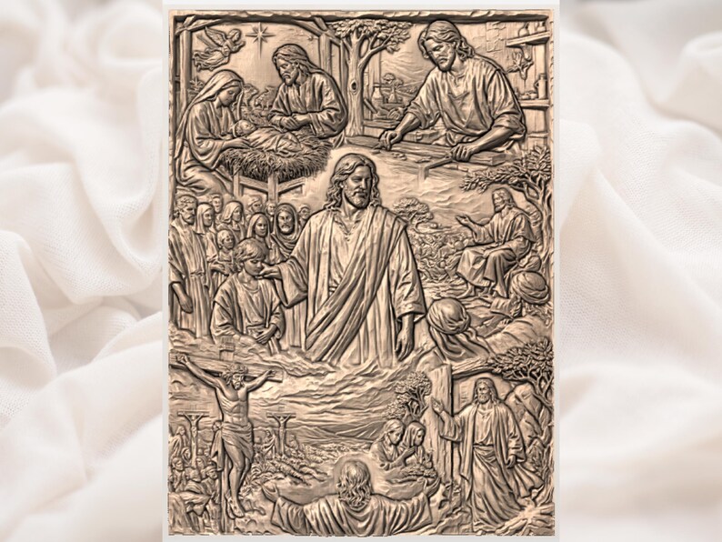 Puede incluir: Un detallado relieve que representa varias escenas de la vida de Jesucristo. La obra de arte presenta m&uacute;ltiples figuras, incluyendo a Jes&uacute;s, Mar&iacute;a y Jos&eacute;, en una serie de escenas b&iacute;blicas. El relieve es de un tono c&aacute;lido y neutro, con detalles intrincados.