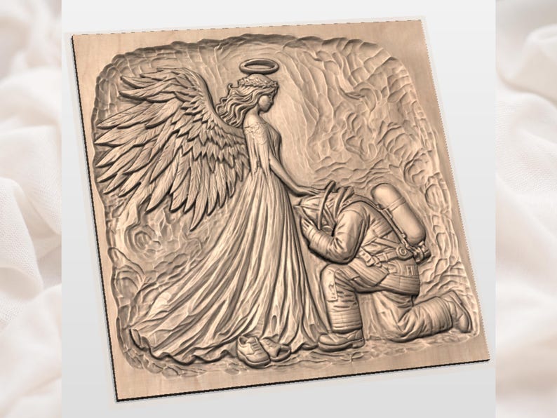 May include: A wooden relief carving depicts an angel with large wings and a halo, reaching down to a kneeling firefighter. The carving is detailed, showing the textures of the angel's gown and the firefighter's gear. The overall theme is one of protection and faith.